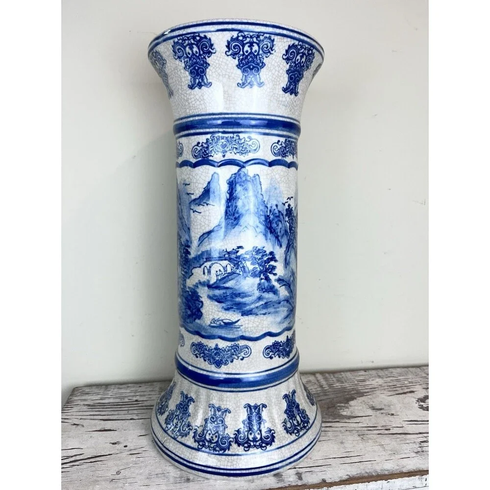 Vintage Mid Century Pedestal Shan Shui Pattern Mountain River Blue White Crazed